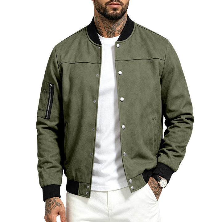 Herren Veloursleder‑Optik Bomberjacke mit Druckknopfleiste, Ärmeltasche und Rippbündchen – Brevano