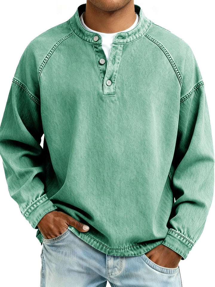 Herren verwaschenes Henley-Shirt mit Stehkragen, lockerer Passform und Knopfleiste – Marzano