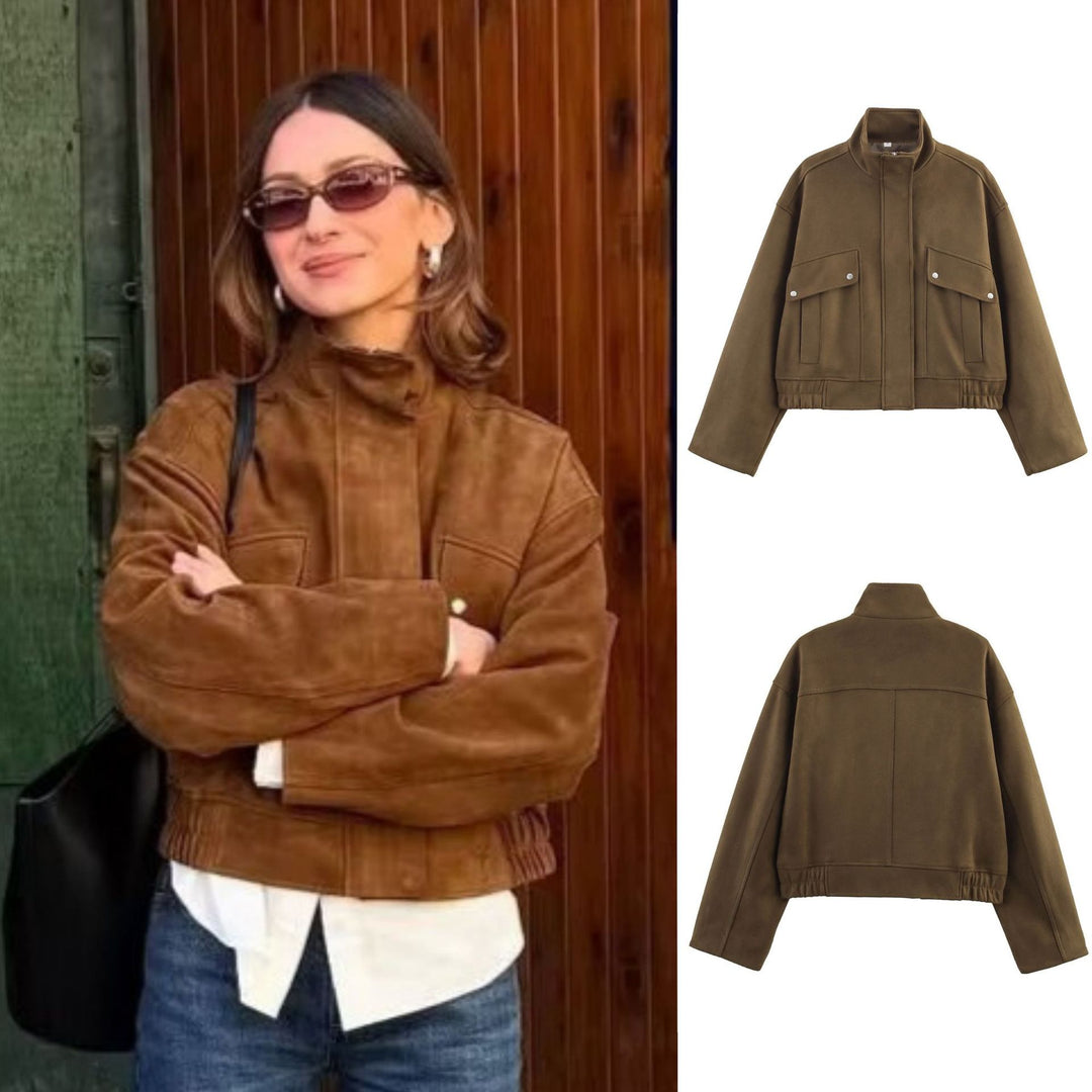 Damen nan kurze Oversize-Jacke in Wildlederoptik mit Stehkragen, aufgesetzten Pattentaschen und elastischem Bund Echo Archiv