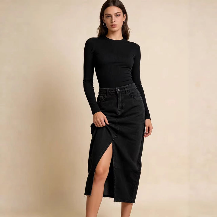 Damen Midi-Denim-Rock mit hohem Schlitz und fransigem Saum Echo Archiv