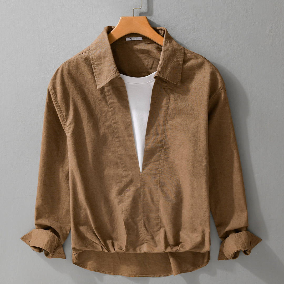 Herren Leichtes Leinen-Overshirt mit V-Ausschnitt, Hemdkragen und elastischem Saum Echoarchiv