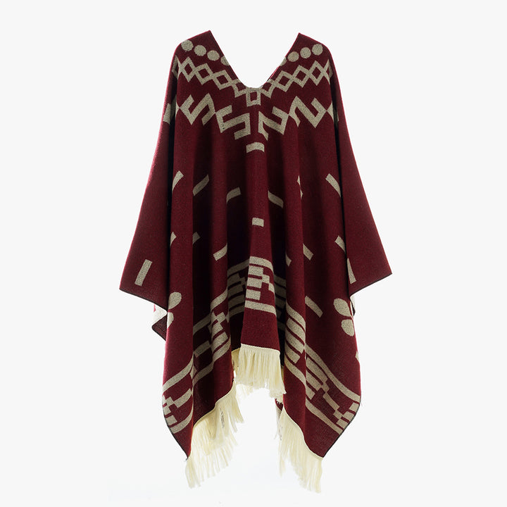 Damen Oversize Poncho im Boho‑Stil mit V‑Ausschnitt, Jacquard‑Muster und langen Fransen – Avérine