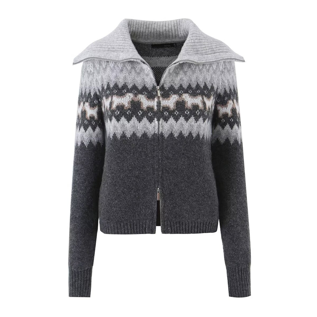Damen Gestrickte Zip-Cardigan mit Norwegermuster und extra breitem Umlegekragen Echo Archiv
