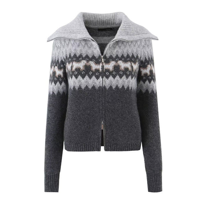 Damen Gestrickte Zip-Cardigan mit Norwegermuster und extra breitem Umlegekragen Echo Archiv
