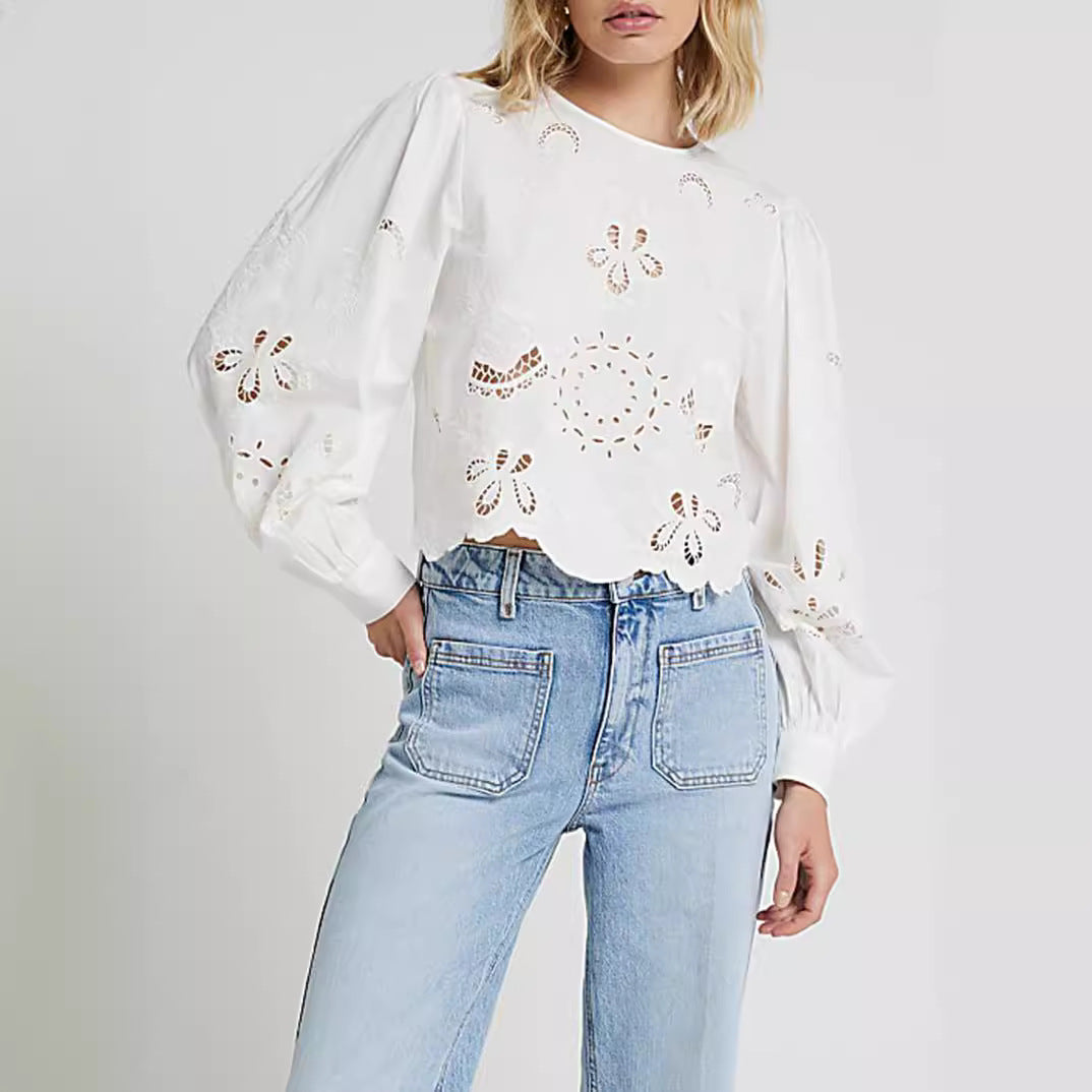 Damen Baumwollbluse mit Broderie Anglaise und Ballonärmeln – Avérine