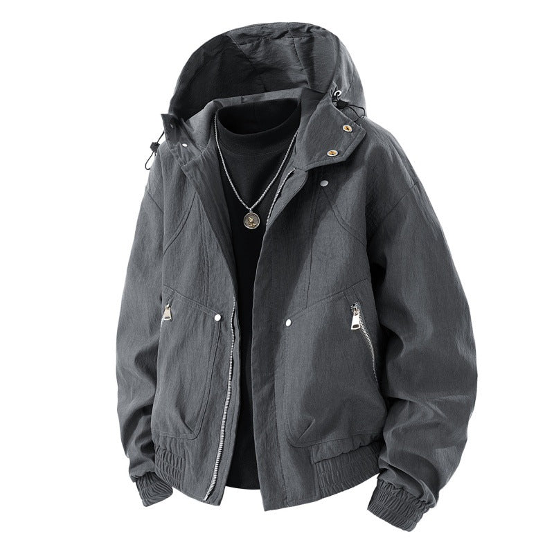 Herren leichte Utility-Hoodie-Jacke mit verstaubarer Kapuze, wasserabweisender Beschichtung, Reißverschluss-Taschen und elastischen Bündchen – Cavarno