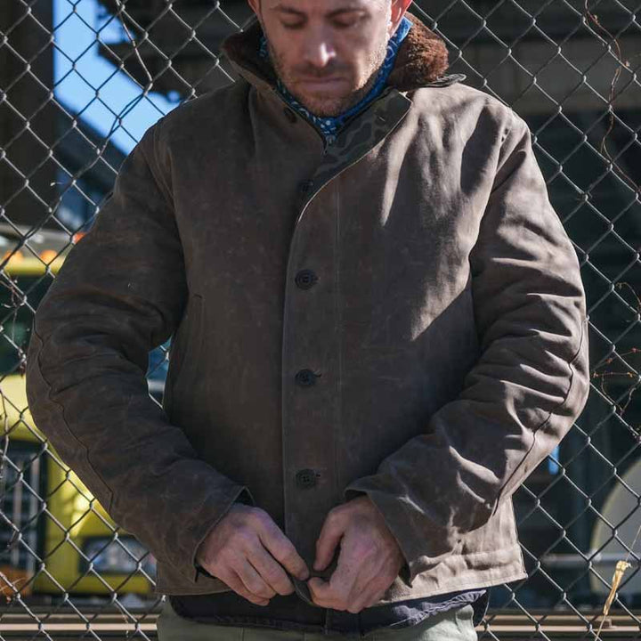 Herren Vintage-Wachsjacke mit Futter aus Kunstpelz Echoarchiv
