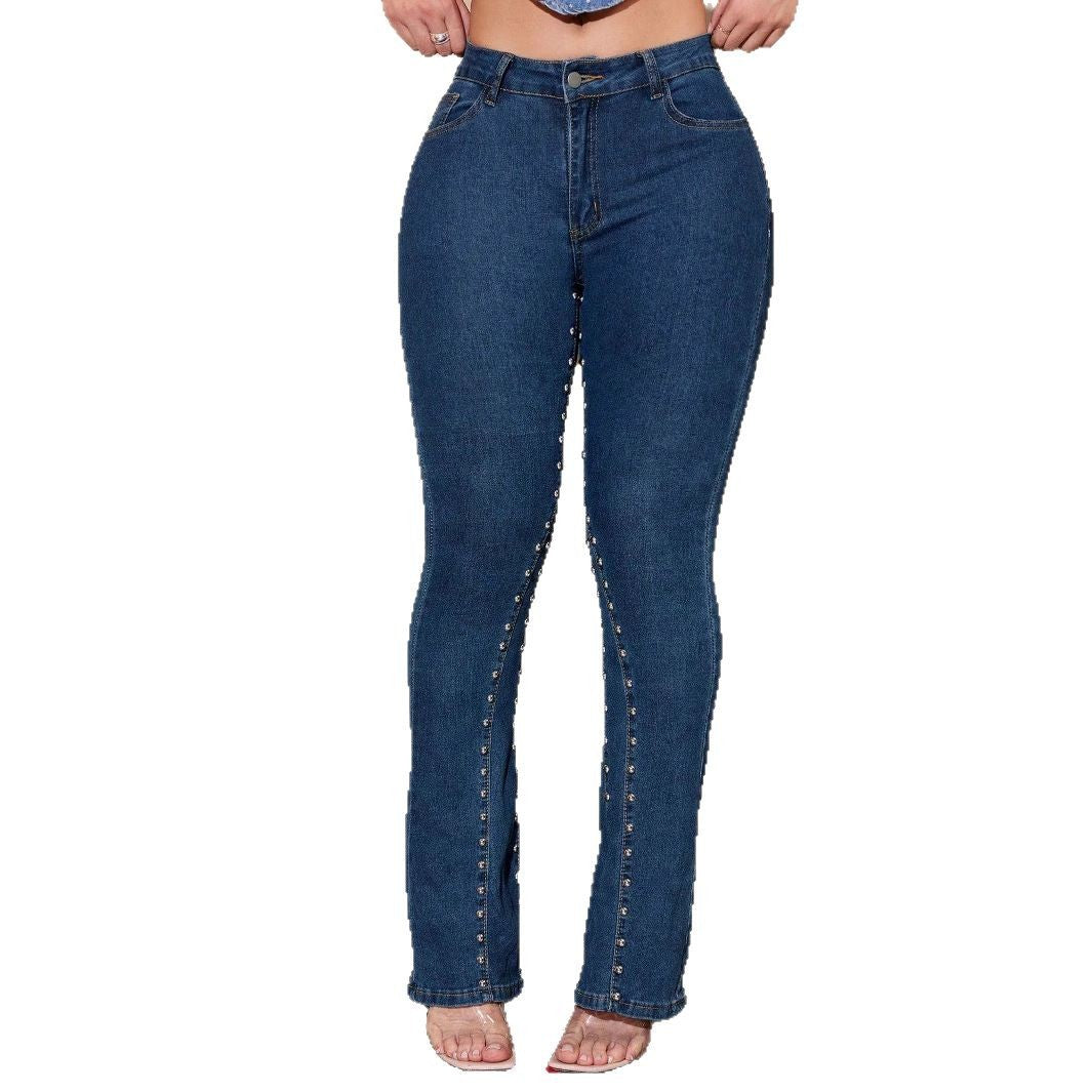 Damen hochtaillierte Jeanshose mit schmalem Oberschenkel, ausgestelltem Bein und vorderer Druckknopfleiste Echo Archiv