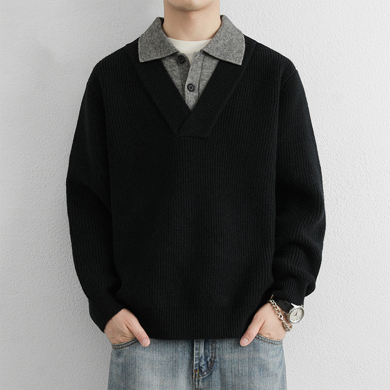 Herren Modischer V-Ausschnitt Pullover mit strukturierten Rippdetails Echoarchiv