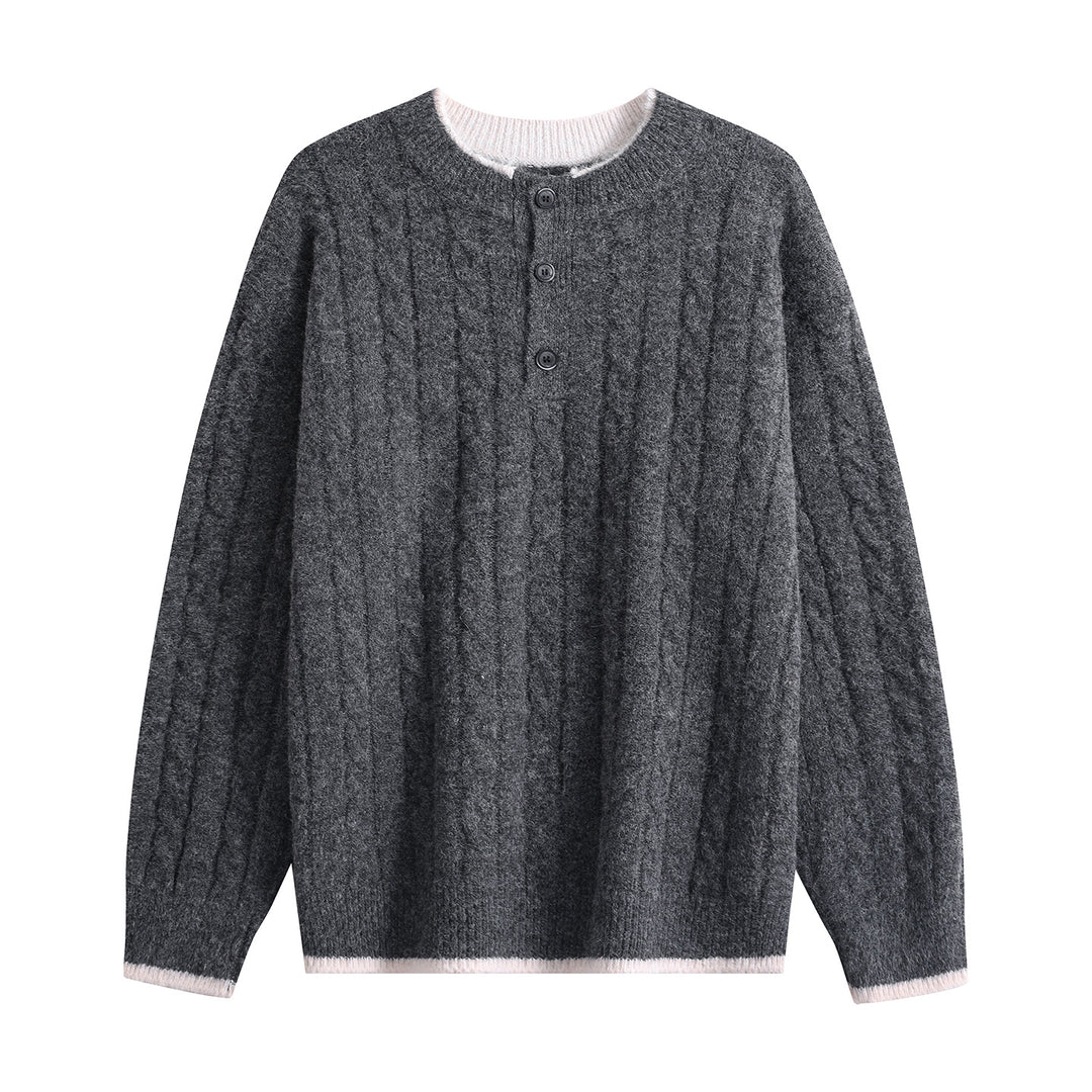 Damen Zopfmuster-Henley-Pullover mit Rundhalsausschnitt & Knopfleiste Echoarchiv
