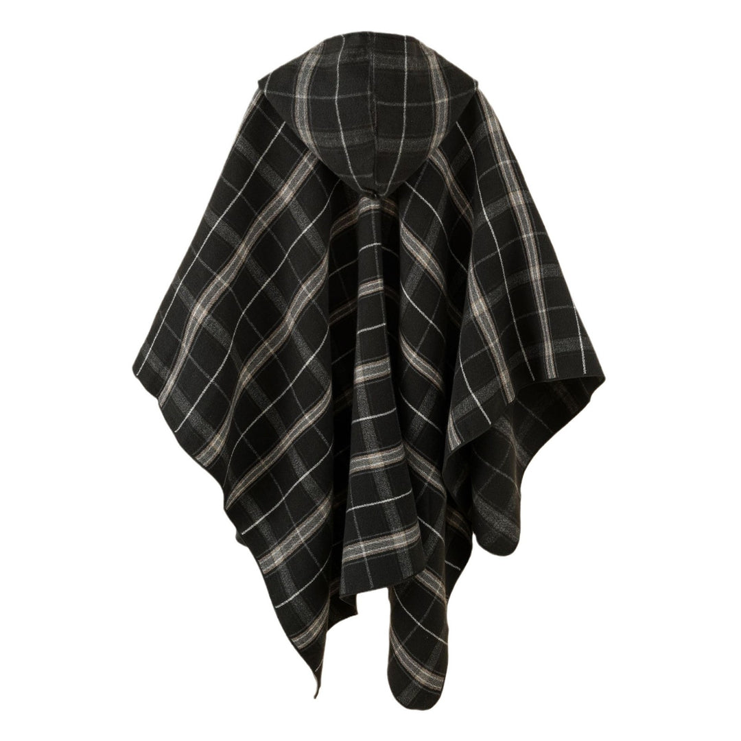 Damen Kapuzen-Poncho mit Karomuster, weichfallender Wollmix und offenem Oversize-Fall Echo Archiv