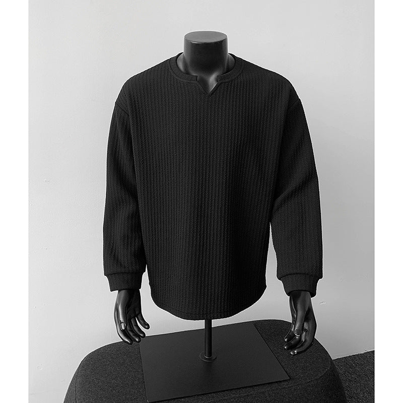 Herren nan grobstrukturierter Strickpullover mit V-förmigem Schlitzkragen und gerundetem Saum Echo Archiv