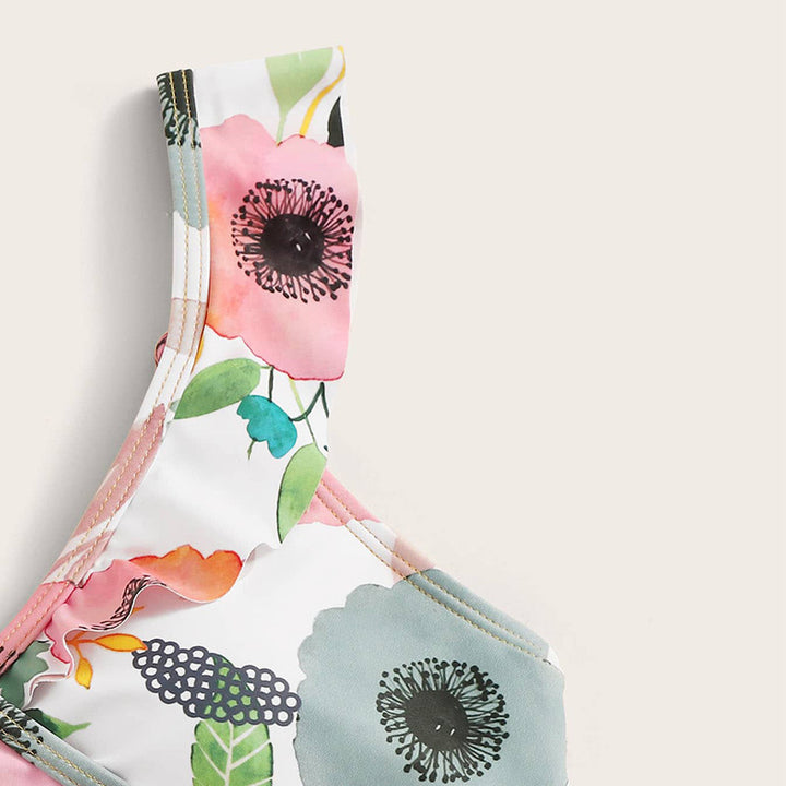 Damen Zweiteiliges Blumen-Bikini-Set mit tailliertem Oberteil und Rüschenslip Echo Archiv