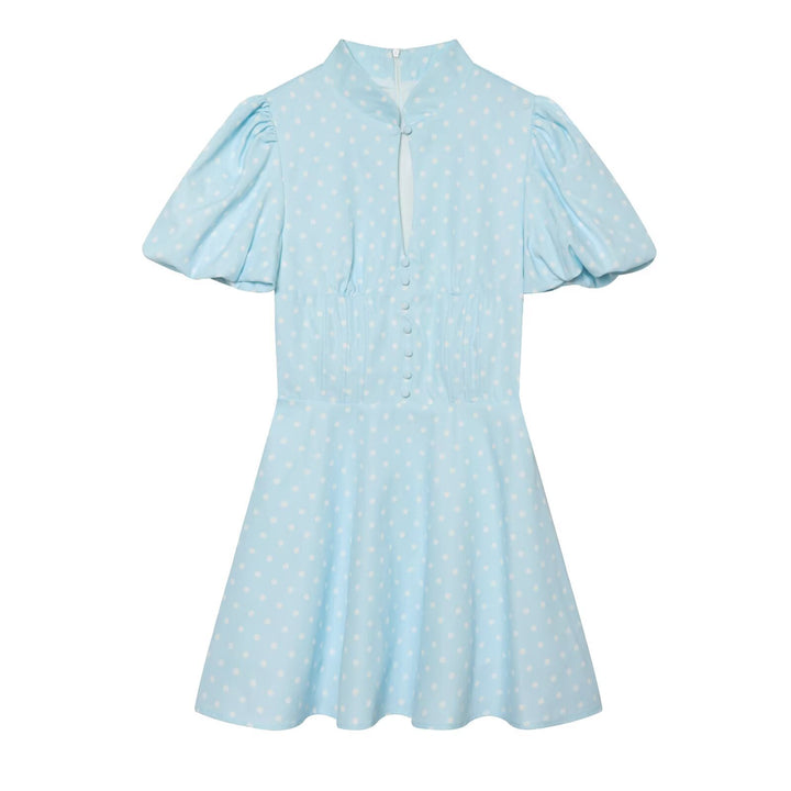 Damen Gepunktetes A‑Linien‑Kleid mit Stehkragen, Taillierung und Ballonärmeln Echo Archiv
