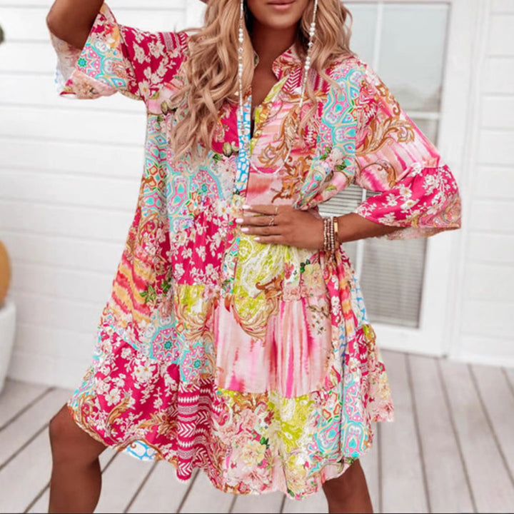 Damen nan Luftiges Stufenkleid im Patchwork-Boho-Stil mit Stehkragen, geraffter Taillennaht und Dreiviertelärmeln Echo Archiv