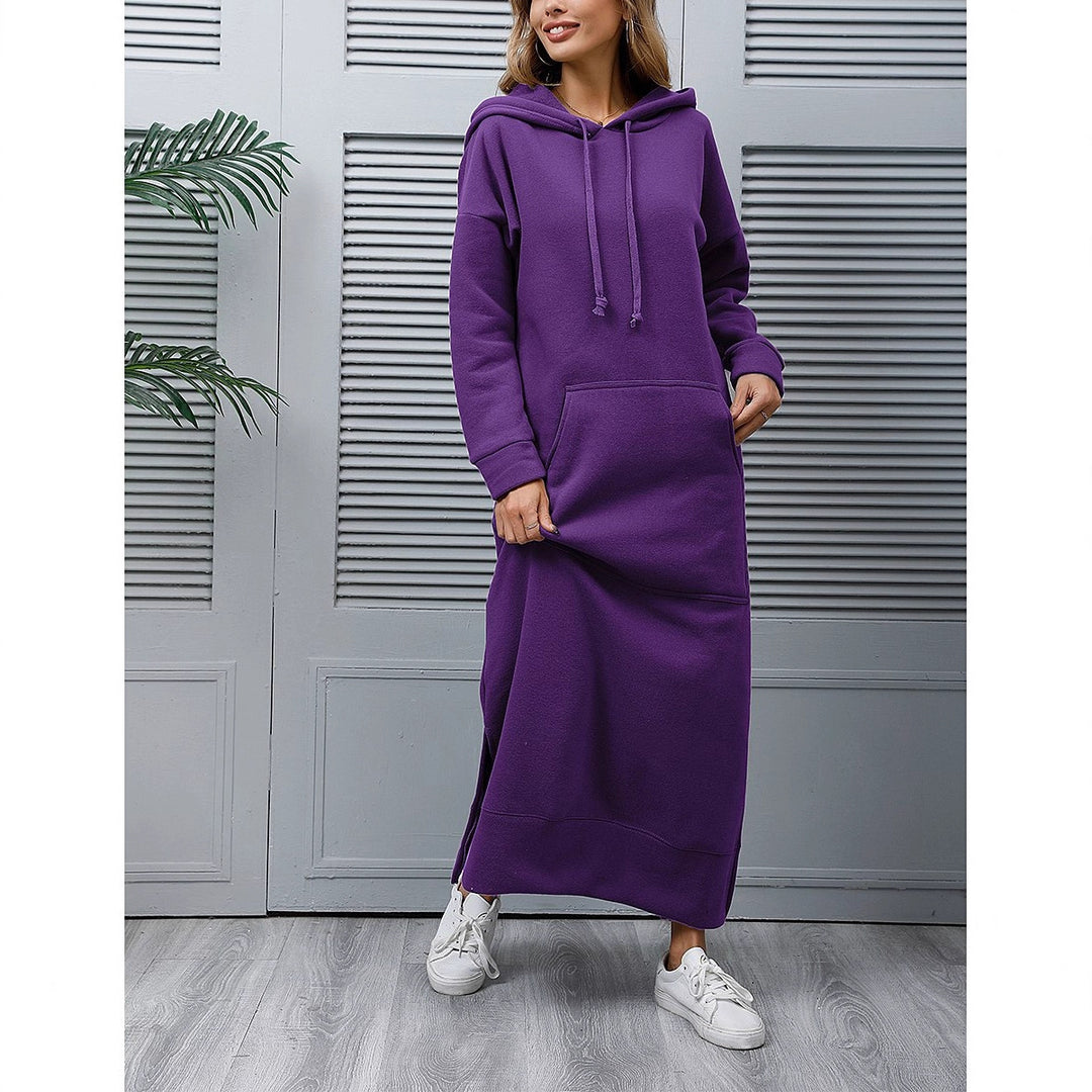 Damen nan langes Kapuzen-Sweatkleid mit Kängurutasche, Seitenschlitzen und lockerer Oversize-Passform Echo Archiv