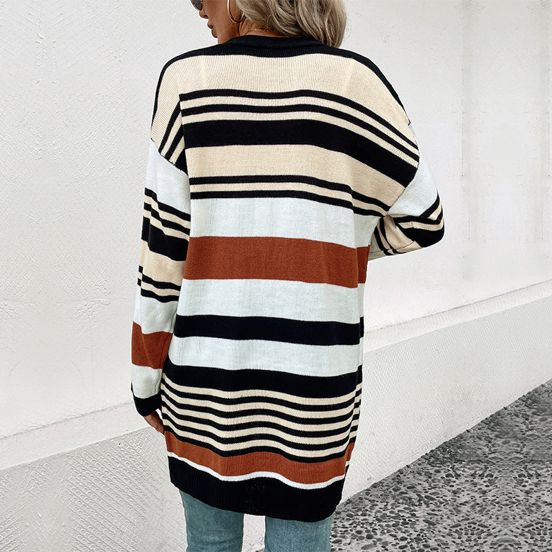 Damen Oversize Strickcardigan mit Blockstreifen, offener Front und langen Ärmeln Echoarchiv