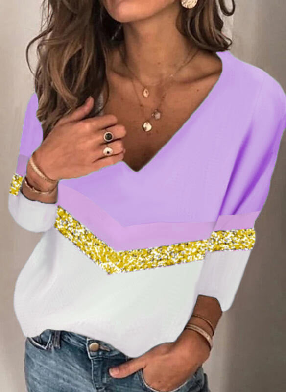 Damen Stylischer V-Ausschnitt Feinstrickpullover mit Glitzerband und Colorblock-Einsatz Echoarchiv