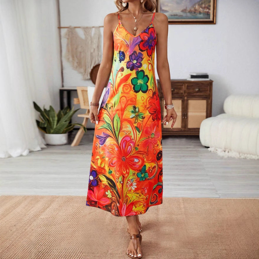 Damen Maxikleid mit buntem Blumenmuster und Spaghettiträgern Echo Archiv