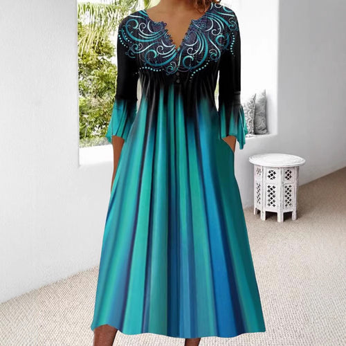 Damen nan fließendes Maxikleid mit verziertem V-Ausschnitt, Unterbrustnaht, ausgestelltem Rock und Eingrifftaschen Echo Archiv