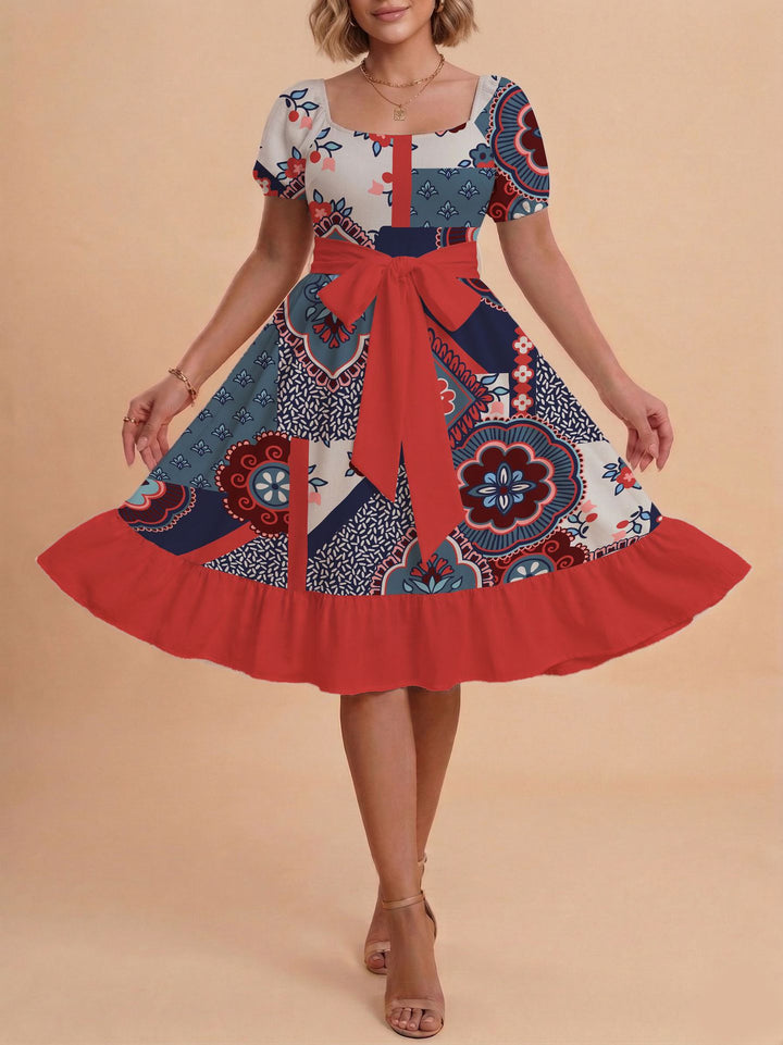 Damen Retro Maxikleid mit Puffärmeln und Taillengürtel Echo Archiv