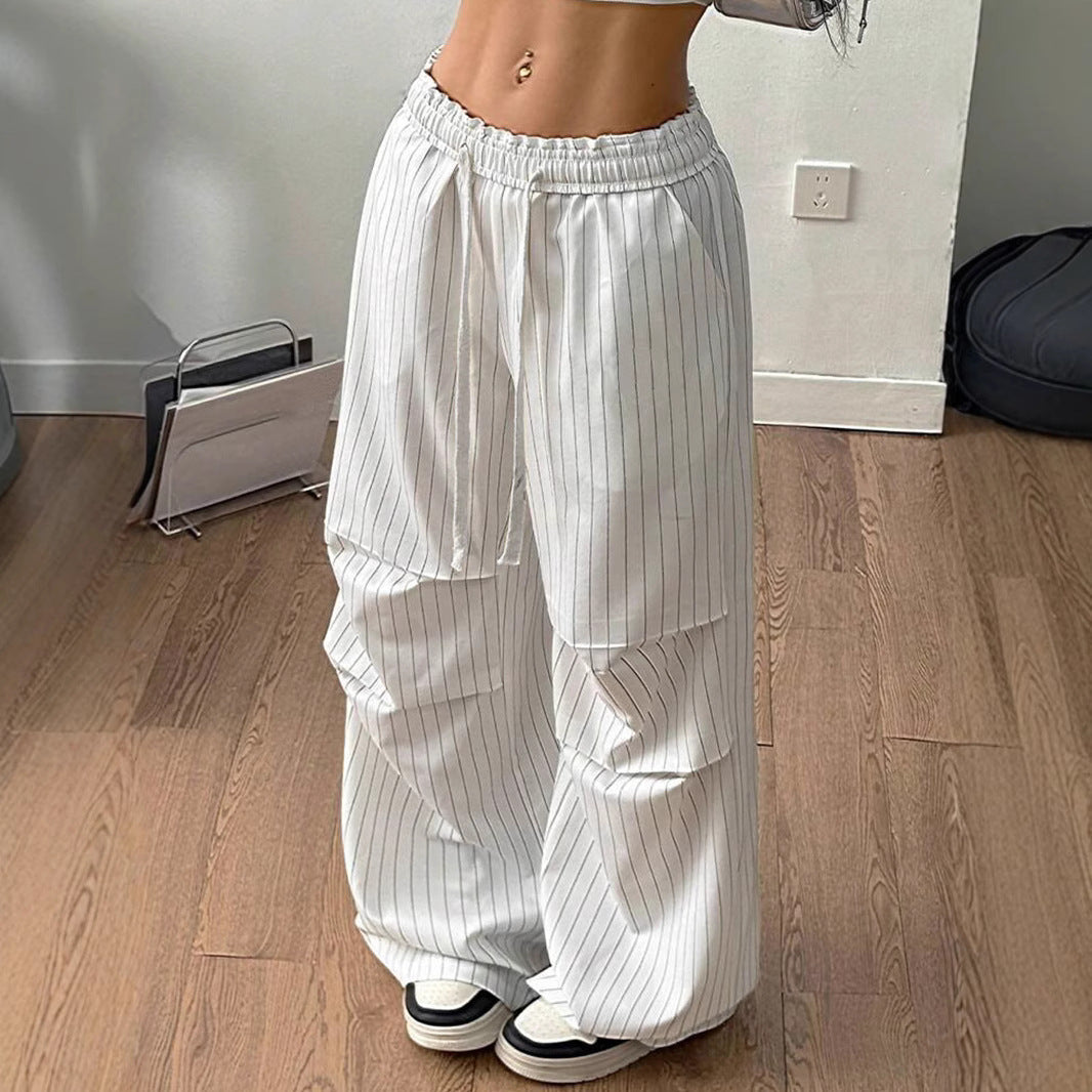 Damen Weite Nadelstreifen-Loungehose mit hohem Gummibund und Tunnelzug – Avérine