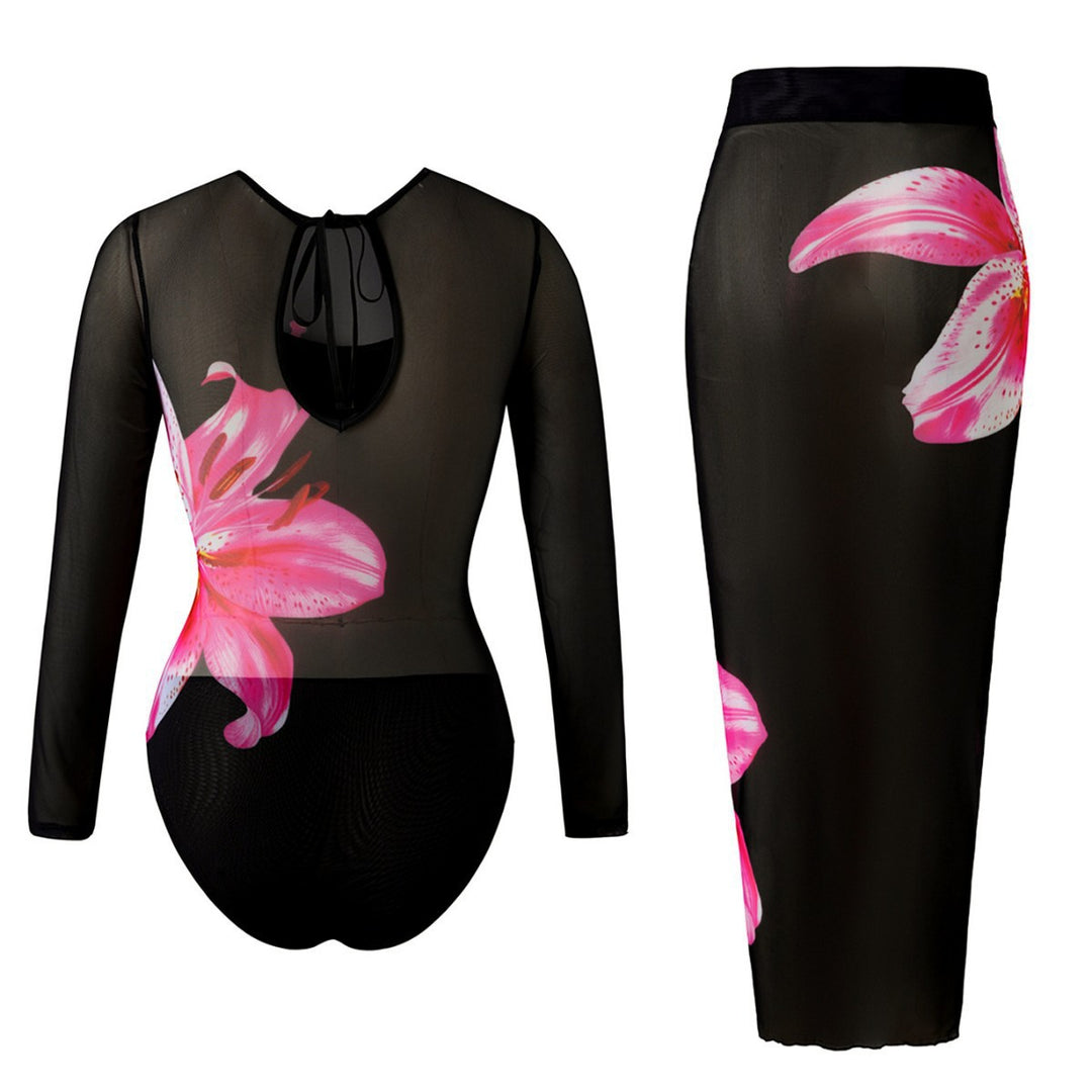 Damen Eleganter Badeanzug mit langem Arm und transparente Wickelrock Echo Archiv