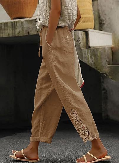 Damen luftige Leinenhose mit dekorativen Stickereien Echoarchiv