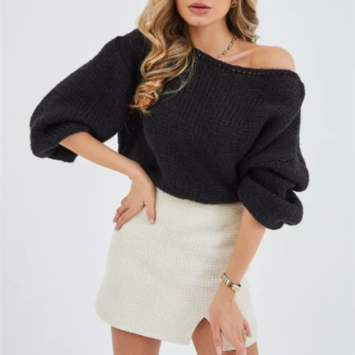 Damen Schulterfreier Mohair‑Optik Oversize-Pullover mit überschnittener Passform und kurzem Saum – Mavelle