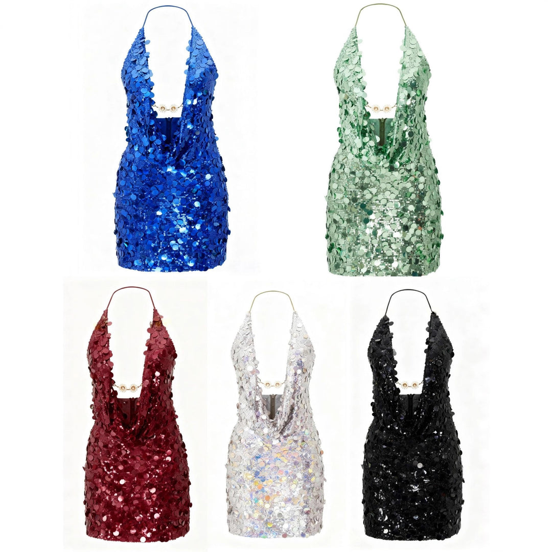 Damen Glitzerndes Minikleid mit tiefem V-Ausschnitt und Troddel-Applikationen Echo Archiv