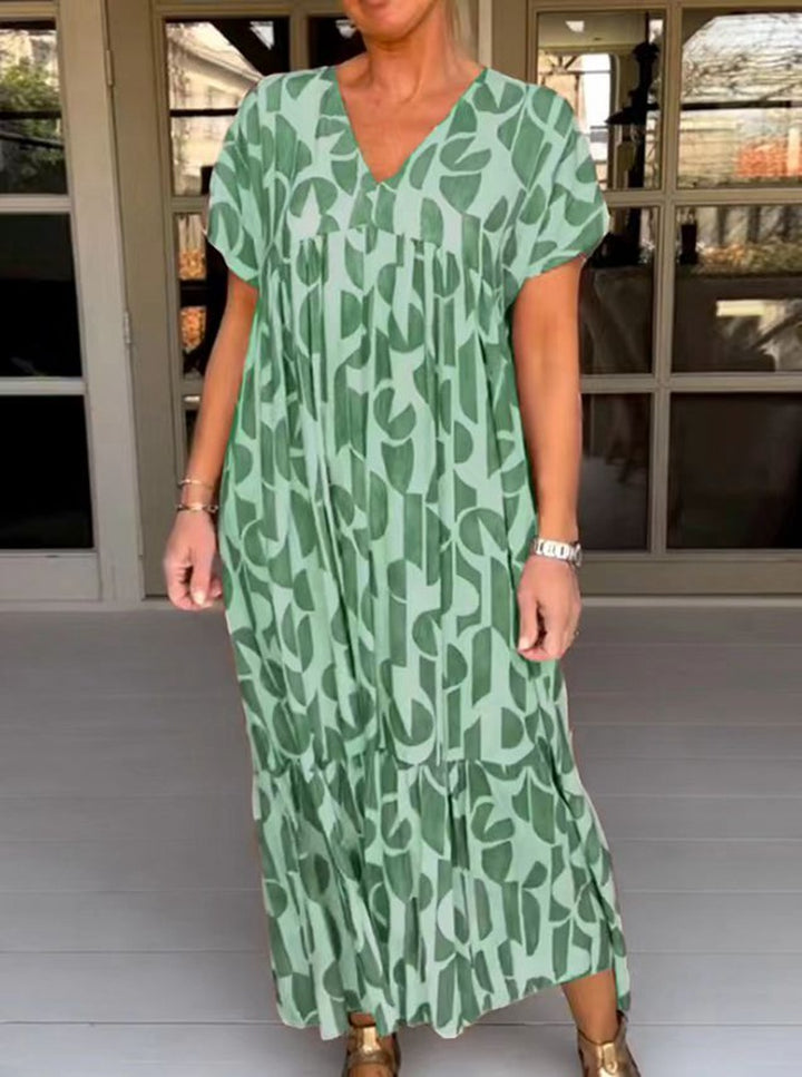 Damen nan voluminöses Maxikleid mit Unterbrustnaht, V-Ausschnitt, kurzen Kimonoärmeln und Stufenvolant Echo Archiv