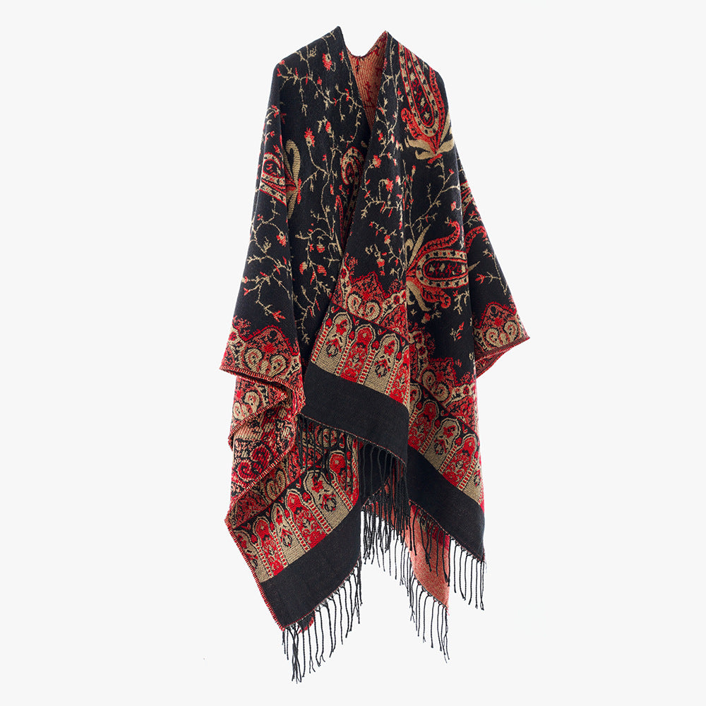 Damen Jacquard Überwurfcape aus feinem Strick mit Paisley-Bordüre Echo Archiv
