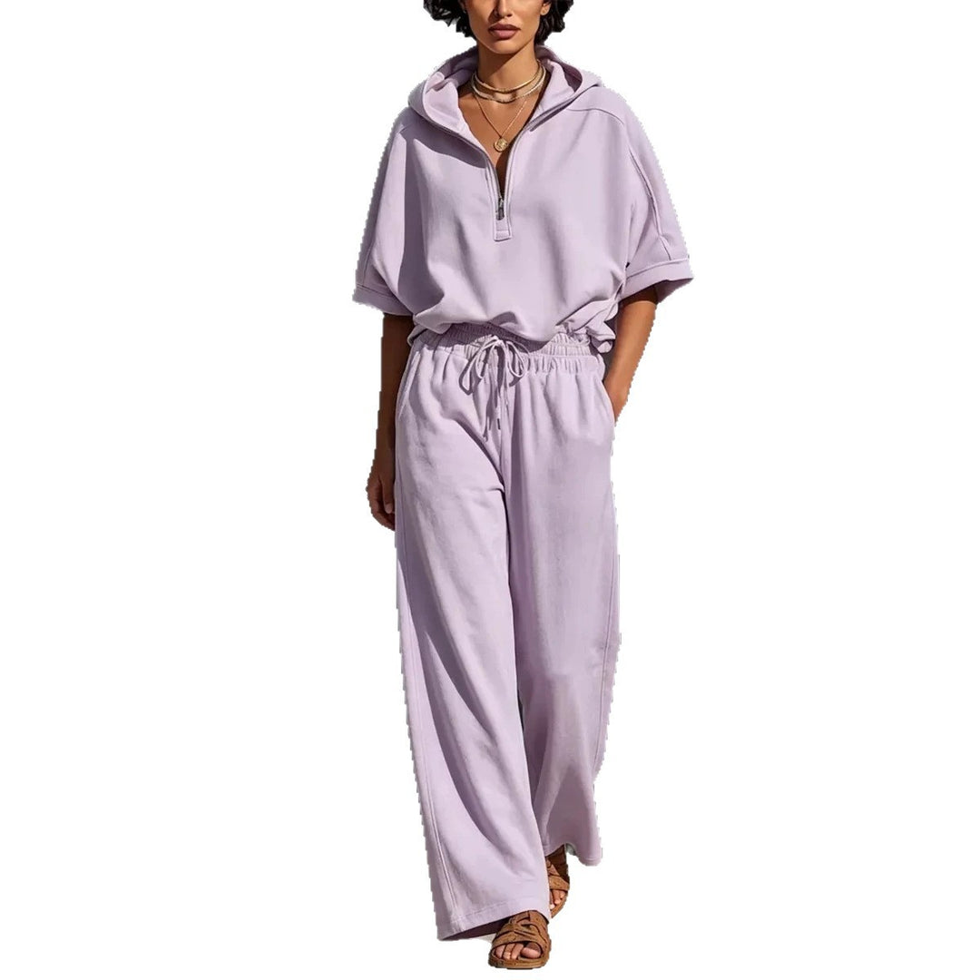 Damen Lässiges Lounge-Set mit Kapuzenpullover mit halbem Reißverschluss und weiter Palazzohose Echoarchiv