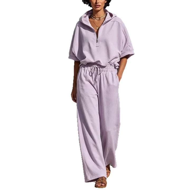 Damen Lässiges Lounge-Set mit Kapuzenpullover mit halbem Reißverschluss und weiter Palazzohose Echoarchiv