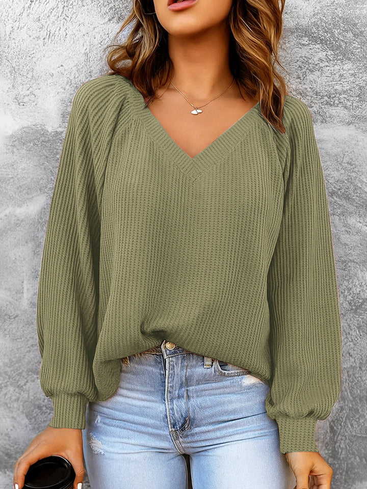 Damen Feinstruktur-Strickpullover mit V-Ausschnitt, Ballonärmeln und Rippbündchen – Mavelle