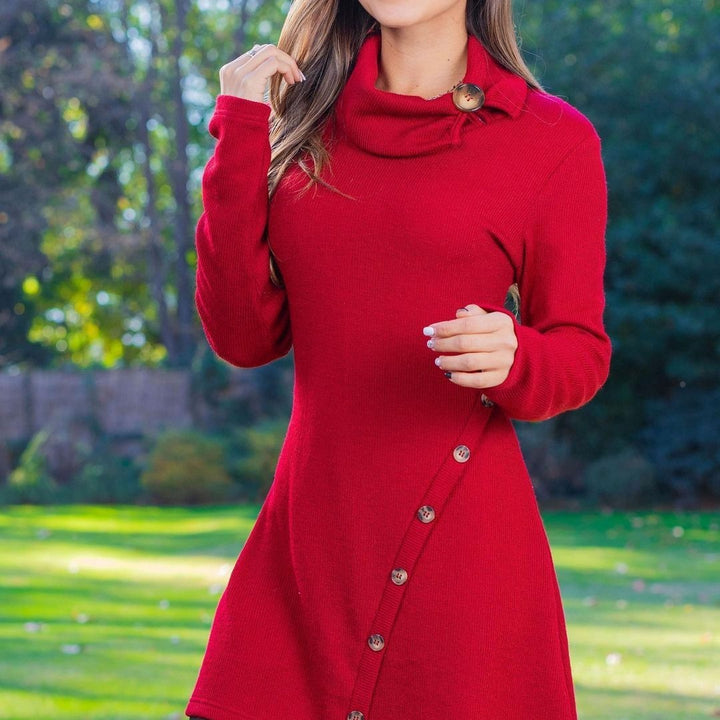 Damen nan figurbetontes A-Linien Strickkleid mit asymmetrischer Zierknopfleiste und hohem Kragen Echo Archiv