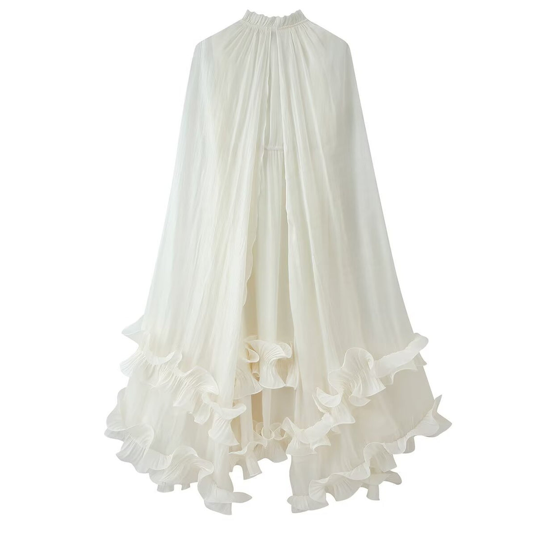 Damen Maxikleid mit Volant‑Cape, mehrlagigem Stufenrock und Stehkragen Echoarchiv
