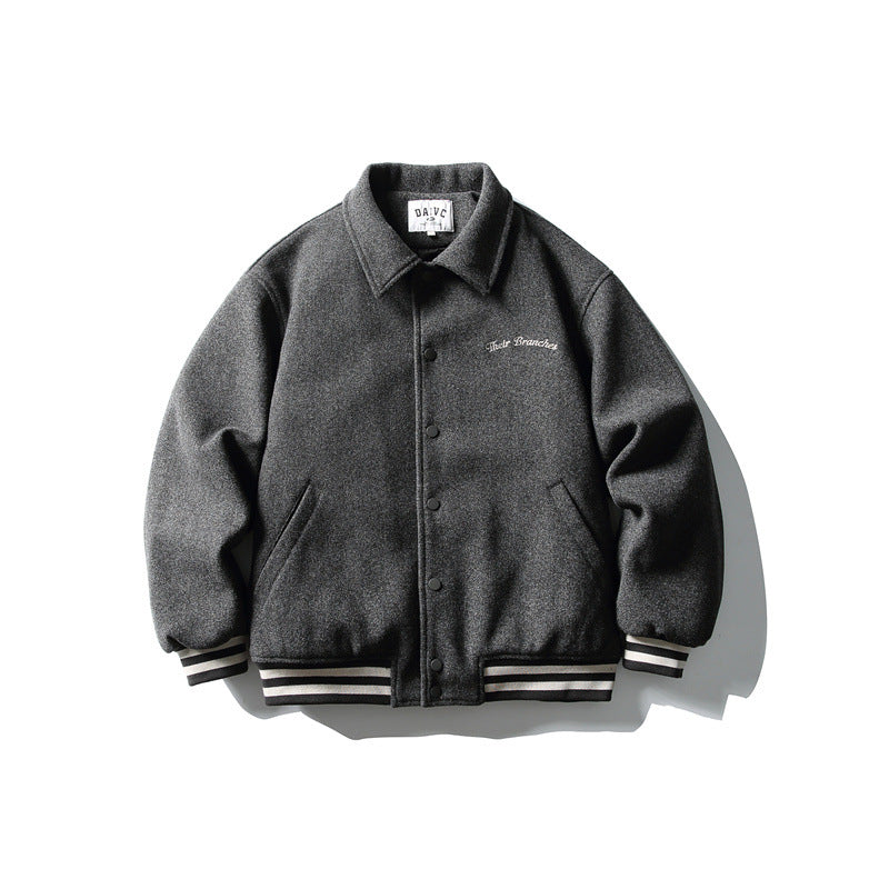 Herren Boxy College‑Blousonjacke aus Wollmix mit Druckknopfverschluss und gestreiften Rippbündchen Echoarchiv