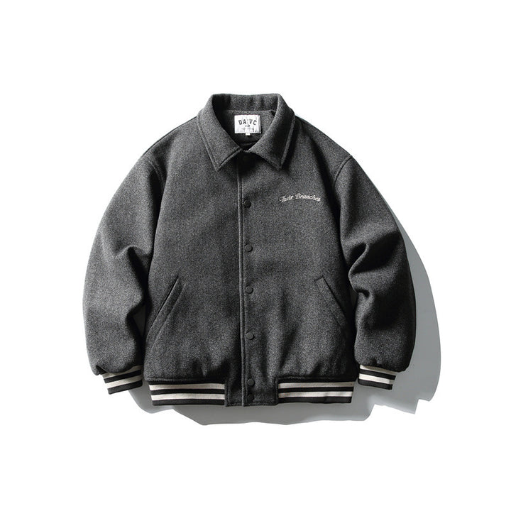 Herren Boxy College‑Blousonjacke aus Wollmix mit Druckknopfverschluss und gestreiften Rippbündchen Echoarchiv