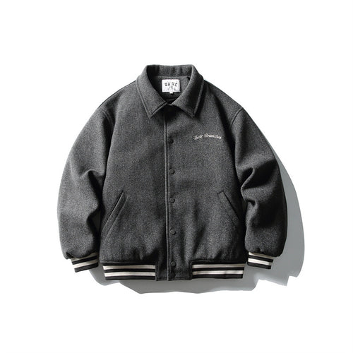 Herren Boxy College‑Blousonjacke aus Wollmix mit Druckknopfverschluss und gestreiften Rippbündchen Echoarchiv