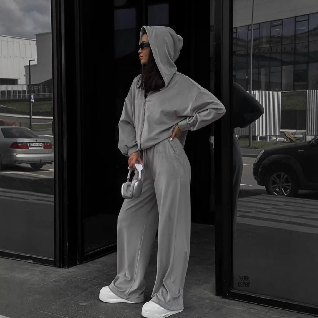 Damen luxuriöses Velours-Lounge-Set mit kurzem Reißverschluss-Hoodie und weitem High-Waist-Hose – Auréline