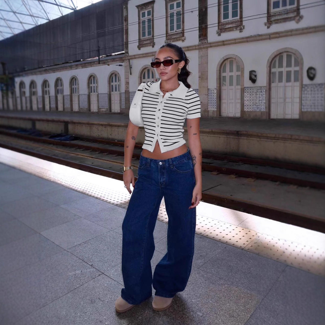 Damen Kurzarmshirt mit klassischem Polokragen und gestreiftem Design Echo Archiv