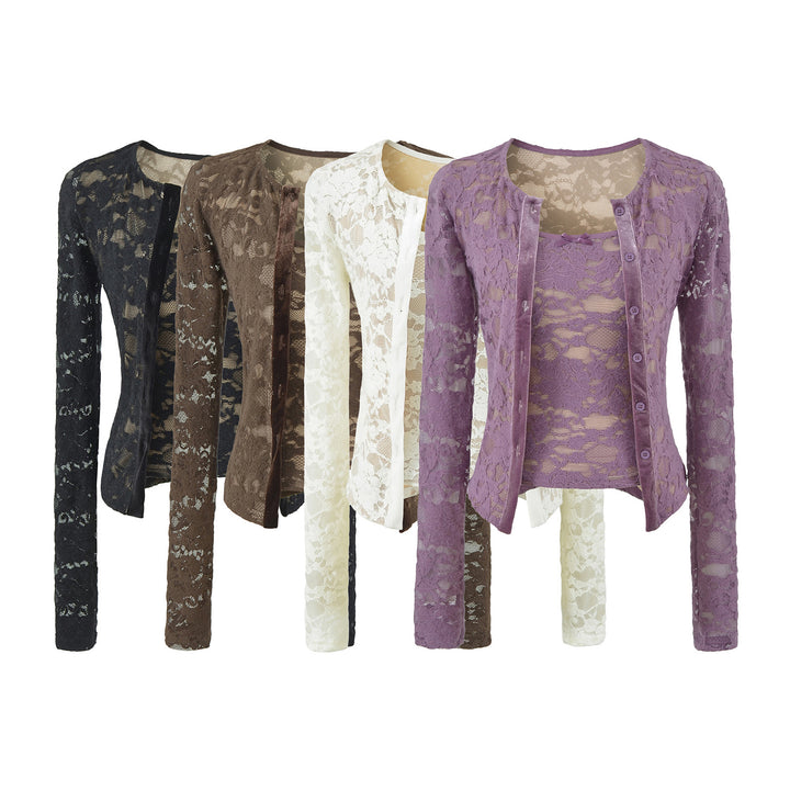 Damen Feiner Spitzen-Cardigan mit passendem Untertop und Samtbesatz Echoarchiv