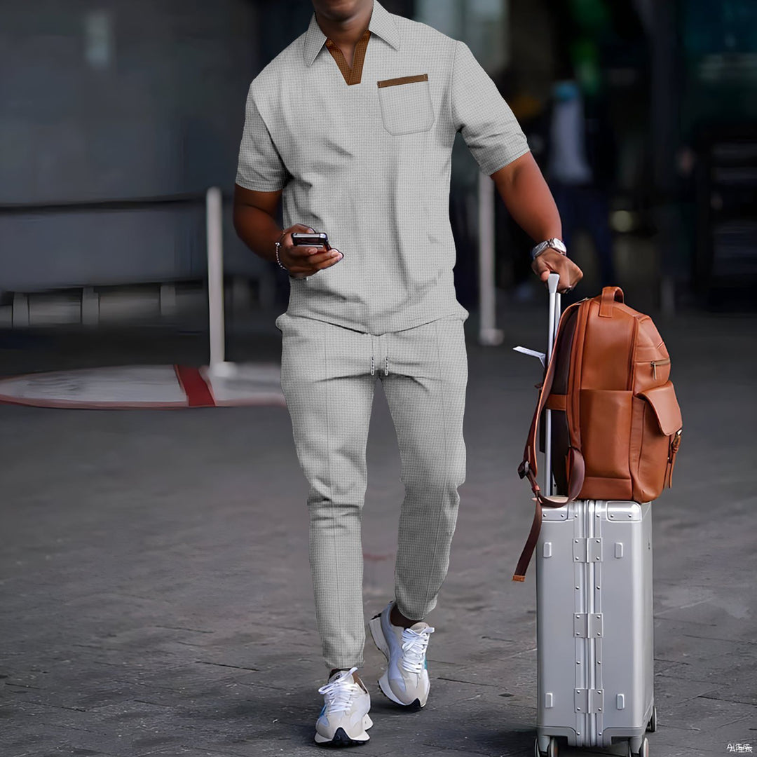 Herren nan lässiges Freizeitset aus elastischem Jersey mit V-Ausschnitt Brusttasche und Kordelbund Echo Archiv