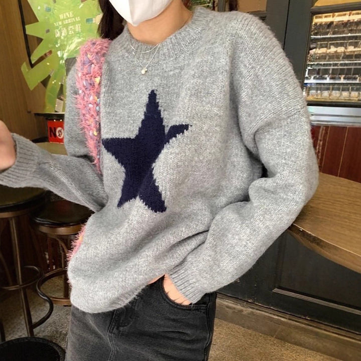 Damen oversized Strickpullover mit markantem Sternmotiv, Rundhalsausschnitt und gerippten Bündchen – Mavelle