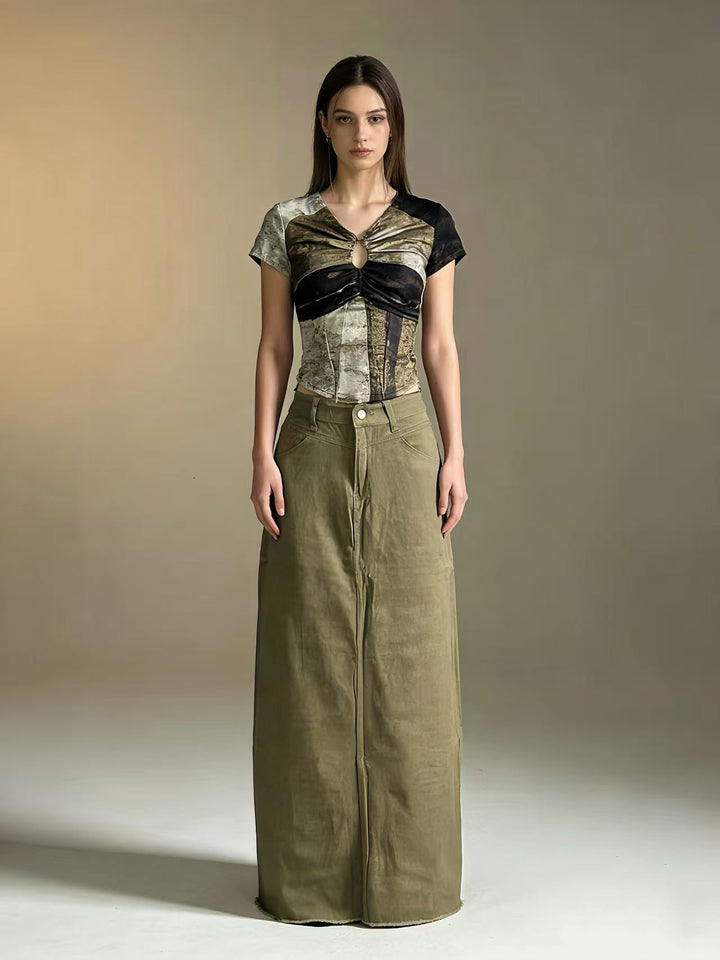 Damen nan langer High-Waist Denim-Maxirock mit gerader Silhouette und rohem Saum Echo Archiv