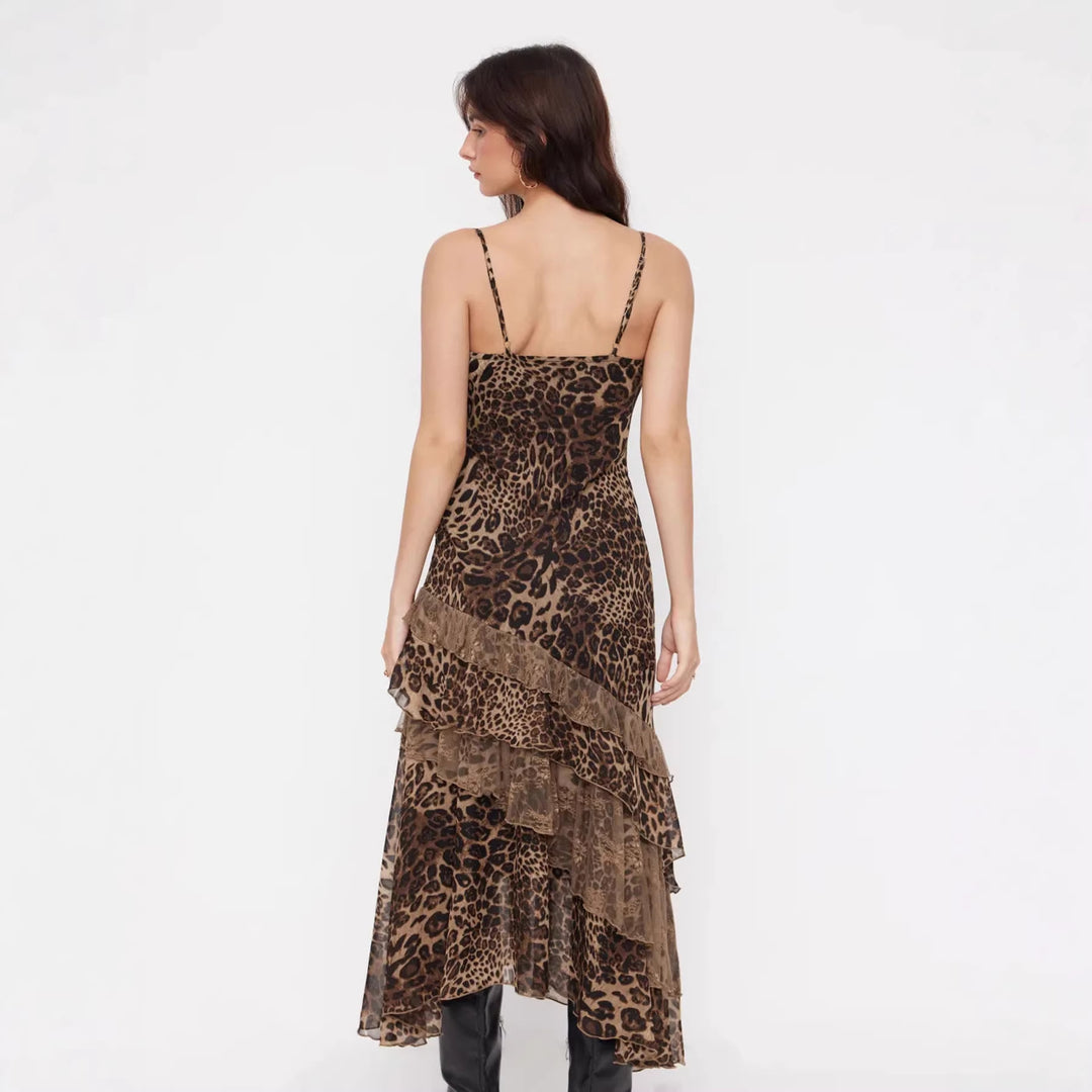 Damen elegantes Midikleid mit asymmetrischem Volant und Animal-Print Echo Archiv