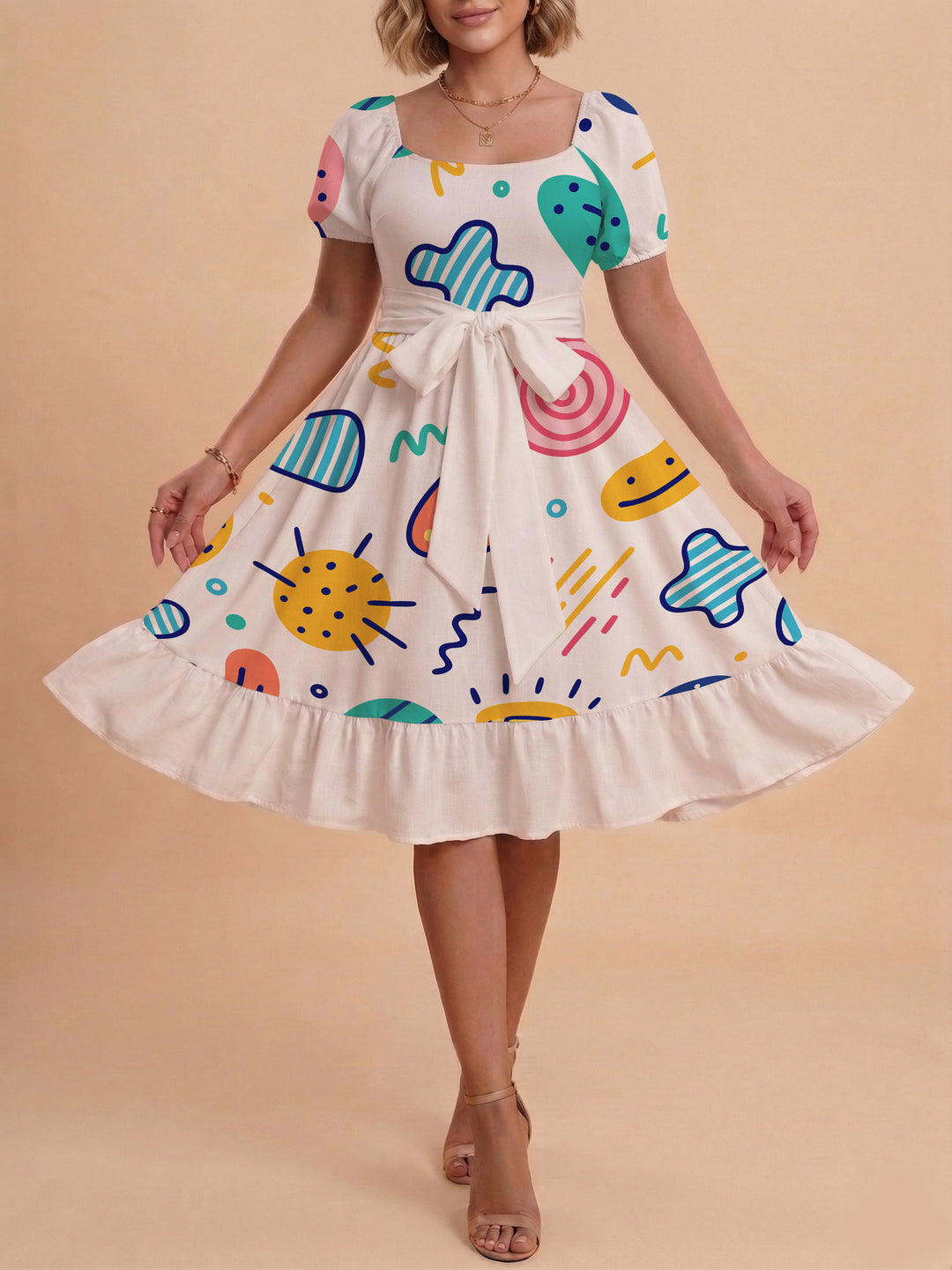 Damen Sommerkleid mit floralem Puffärmel und taillierbarem Gürtel Echo Archiv