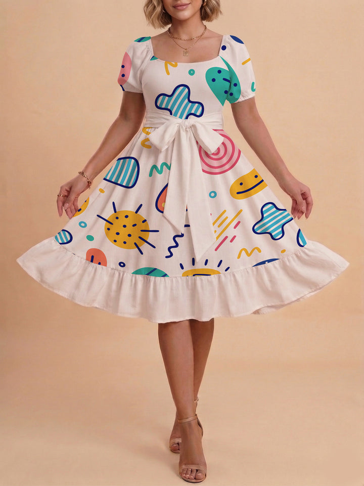 Damen Sommerkleid mit floralem Puffärmel und taillierbarem Gürtel Echo Archiv