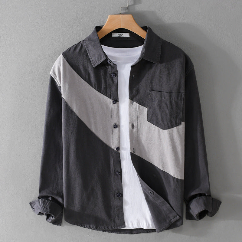 Herren Baumwoll-Overshirt mit diagonalem Colorblock, Kentkragen und Brusttasche Echoarchiv